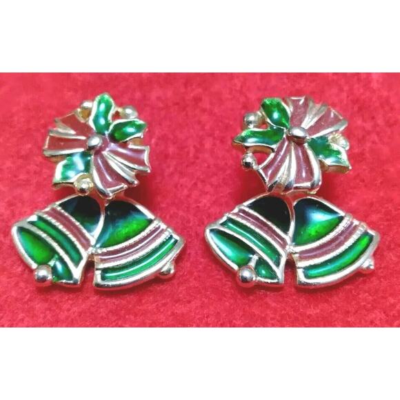 A I N Earrings Pierced Christmas Bow Bell Jacket Holly Red Green Goldtone Signed - Picture 1 of 8